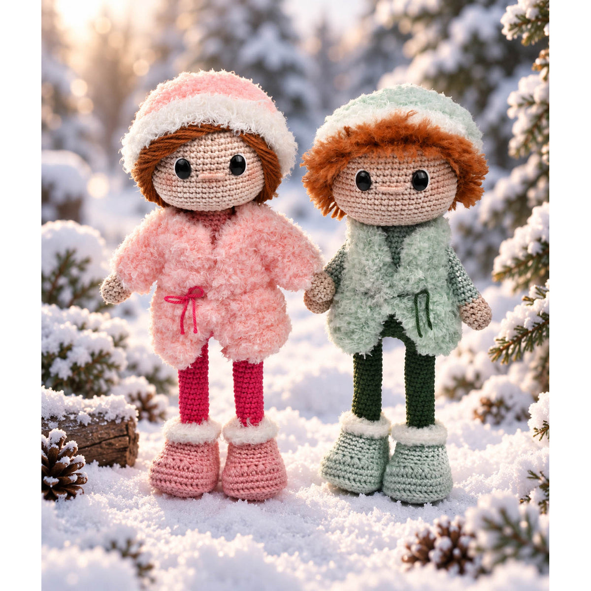 Gehaakte winterkinderen Wendy en Wesley samen tussen besneeuwde bomen