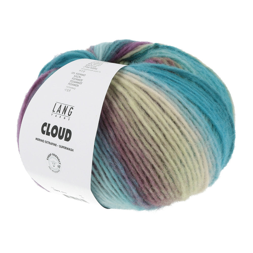 Lang Yarns Cloud 0019 Petrol/Turquoise/Paars/Lichtgroen - bol garen schuin van voren