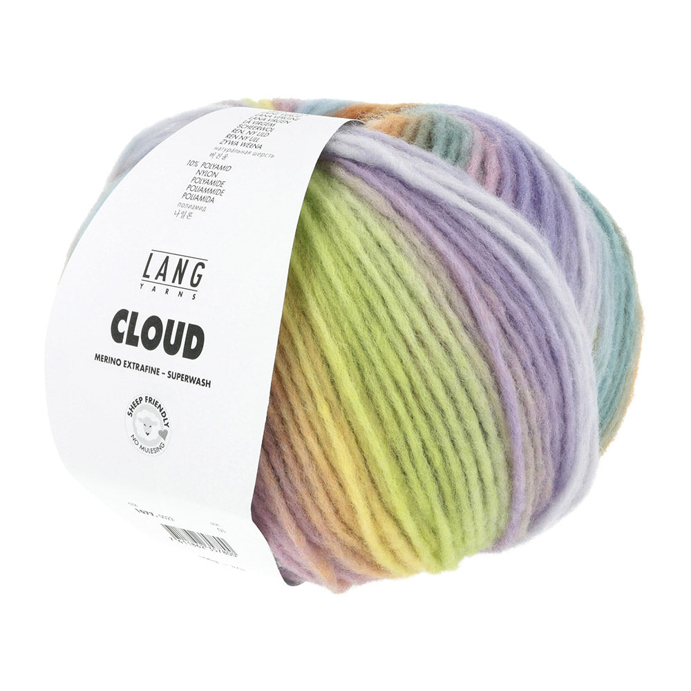 Lang Yarns Cloud 0022 Paars/Oranje/Geel/Groen - bol garen schuin van voren