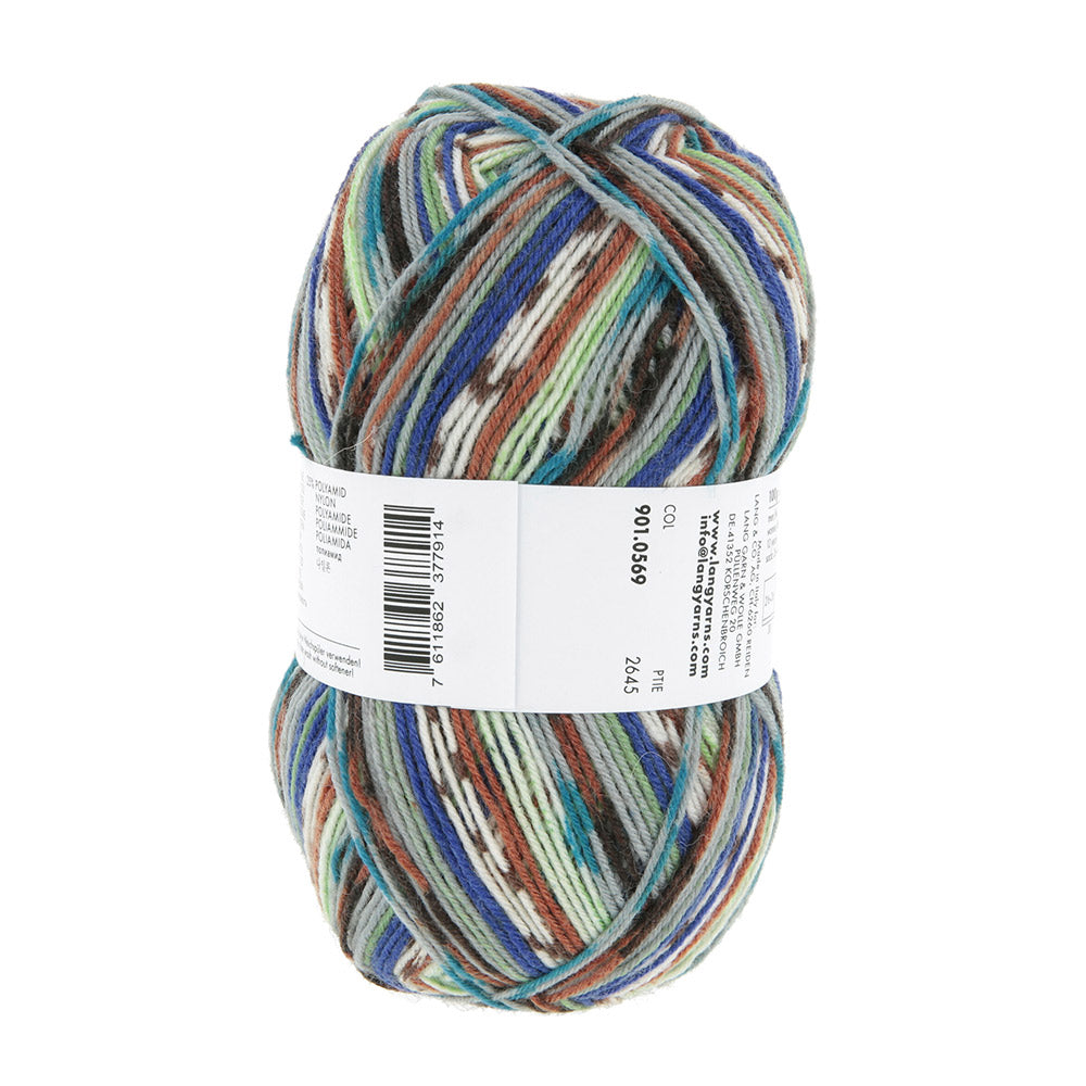 Lang Yarns Super Soxx Color 4-Fach 569 Bruin/Blauw/Grijs 1153 Cherimoya - gebreide sjaal in het zelfstrepende kleurverloop