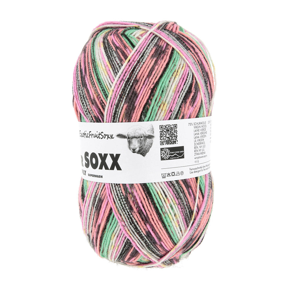Lang Yarns Super Soxx Color 4-Fach 570 Roze/Zalm/Groen 1153 Drakenfruit - gebreide sokken met zelfstrepend kleurpatroon