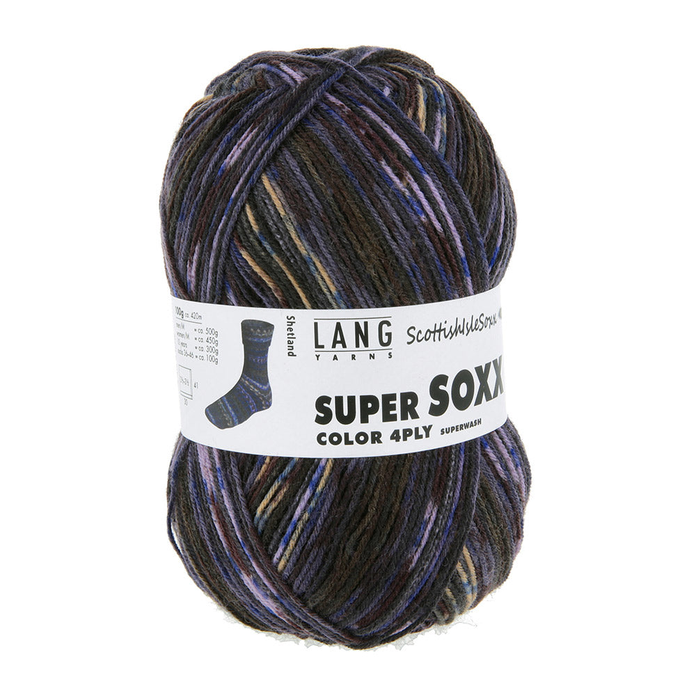 Lang Yarns Super Soxx Color 4-Fach 572 Donkerolijf/Zwart 1154 Shetland - gebreide trui in het zelfstrepende kleurverloop