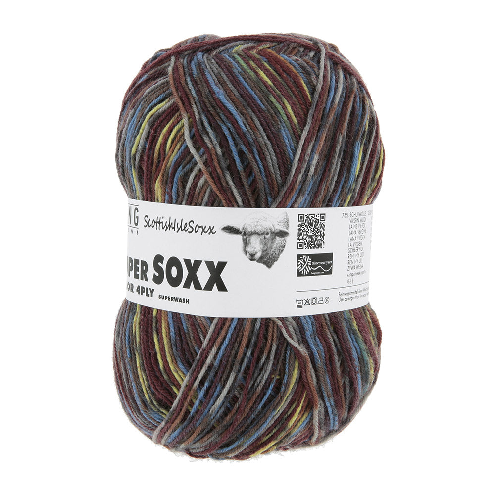 Lang Yarns Super Soxx Color 4-Fach 573 Blauw/Geel 1154 Lewis - gebreide sokken met zelfstrepend kleurpatroon