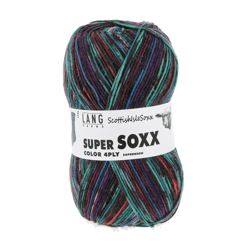 Lang Yarns Super Soxx Color 4-Fach 575 Turquoise/Blauw/Oranje 1154 Skye - bol sokkengaren met wikkel