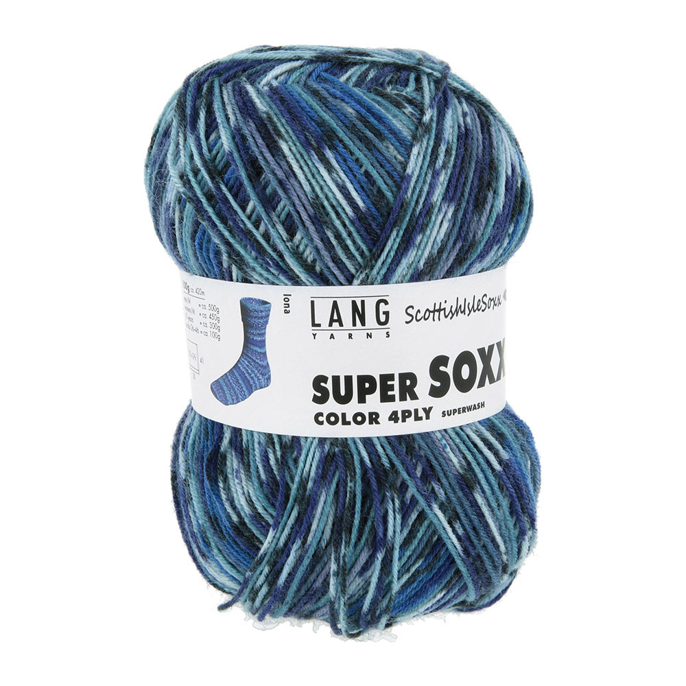 Lang Yarns Super Soxx Color 4-Fach 576 Blauw 1154 Iona - gebreide trui in het zelfstrepende kleurverloop
