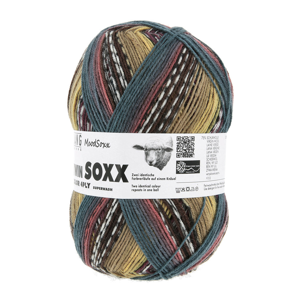 Lang Yarns Twin Soxx 4-Fach 586 Geel/Aubergine/Bruin 1156 Calm - bol sokkengaren vanuit tweede hoek