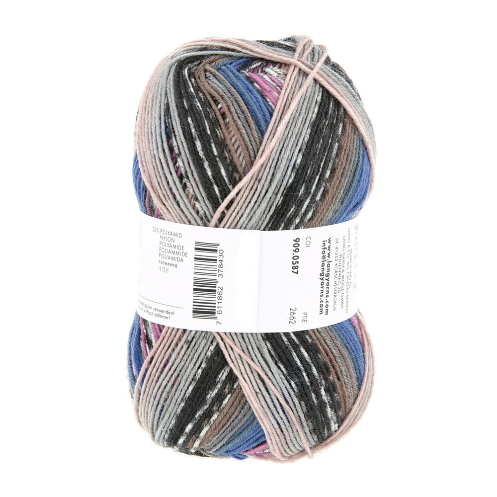 Lang Yarns Twin Soxx 4-Fach 587 Blauw/Violet/Marine 1156 Relaxed - bol sokkengaren vanuit derde hoek