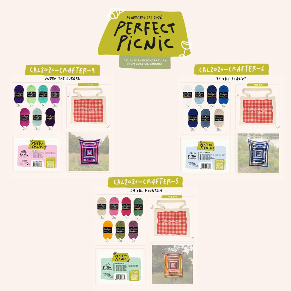 Scheepjes Perfect Picnic CAL 2026 - overzicht van de Scheepjes Colour Crafter kleurenpaletten en tote bag