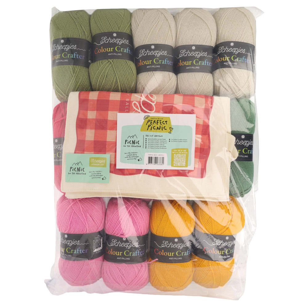 Scheepjes The Perfect Picnic CAL2026 kit Colour Crafter - Mountain - inhoud van de CAL kit met garen en Perfect Picnic tote bag