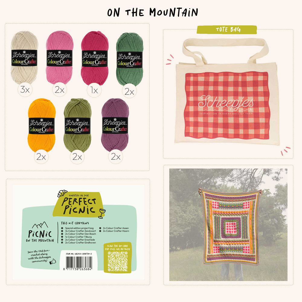 Scheepjes The Perfect Picnic CAL2026 kit Colour Crafter - Mountain - inhoud van de CAL kit met garen en Perfect Picnic tote bag
