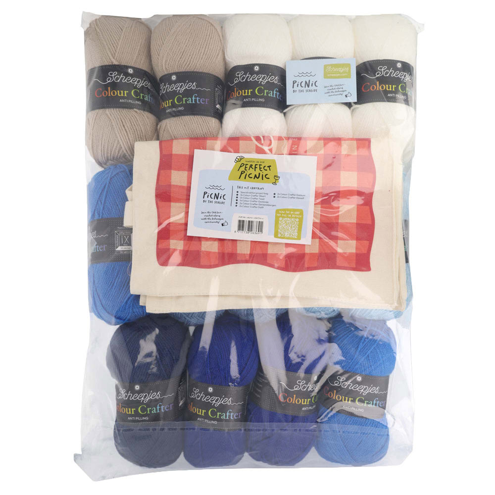 Scheepjes The Perfect Picnic CAL2026 kit Colour Crafter - Seaside - inhoud van de CAL kit met garen en Perfect Picnic tote bag
