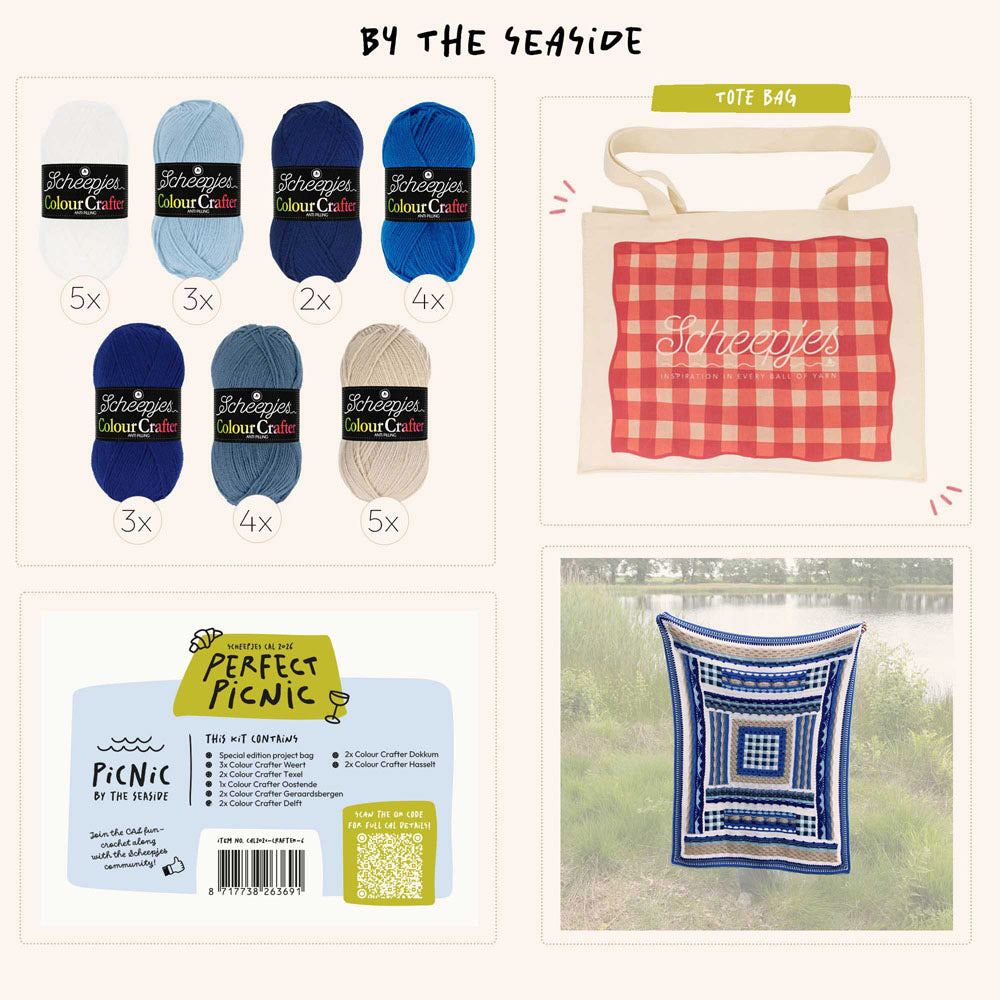 Scheepjes The Perfect Picnic CAL2026 kit Colour Crafter - Seaside - inhoud van de CAL kit met garen en Perfect Picnic tote bag