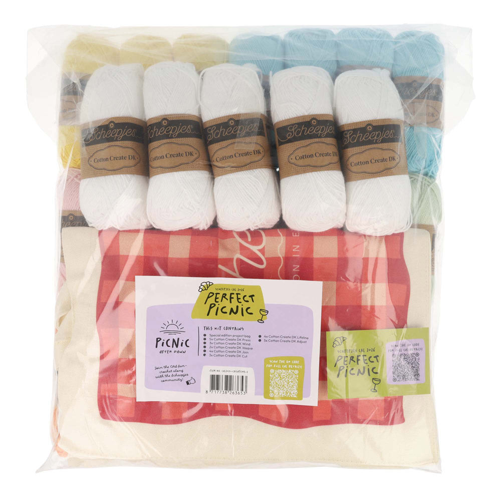 Scheepjes The Perfect Picnic CAL2026 kit Cotton Create DK - After Dawn - inhoud van de CAL kit met garen en Perfect Picnic tote bag