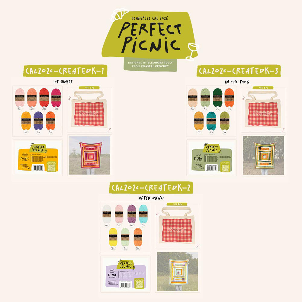 Scheepjes Perfect Picnic CAL 2026 - overzicht van de Scheepjes Cotton Create DK kleurenpaletten en tote bag