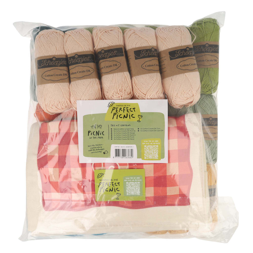 Scheepjes The Perfect Picnic CAL2026 kit Cotton Create DK - In the Park - inhoud van de CAL kit met garen en Perfect Picnic tote bag