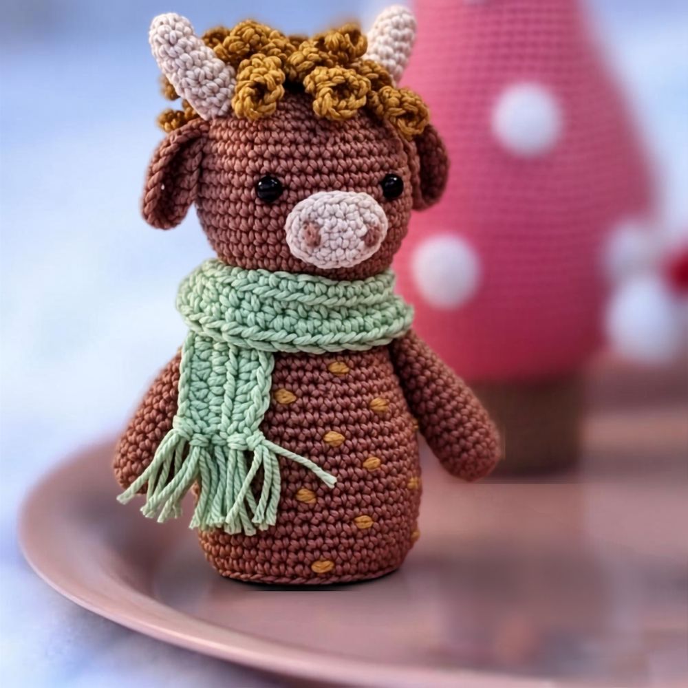 Os amigurumi van de Wolplein x Mrs. Milly KerstCAL 2026 met mintgroene sjaal