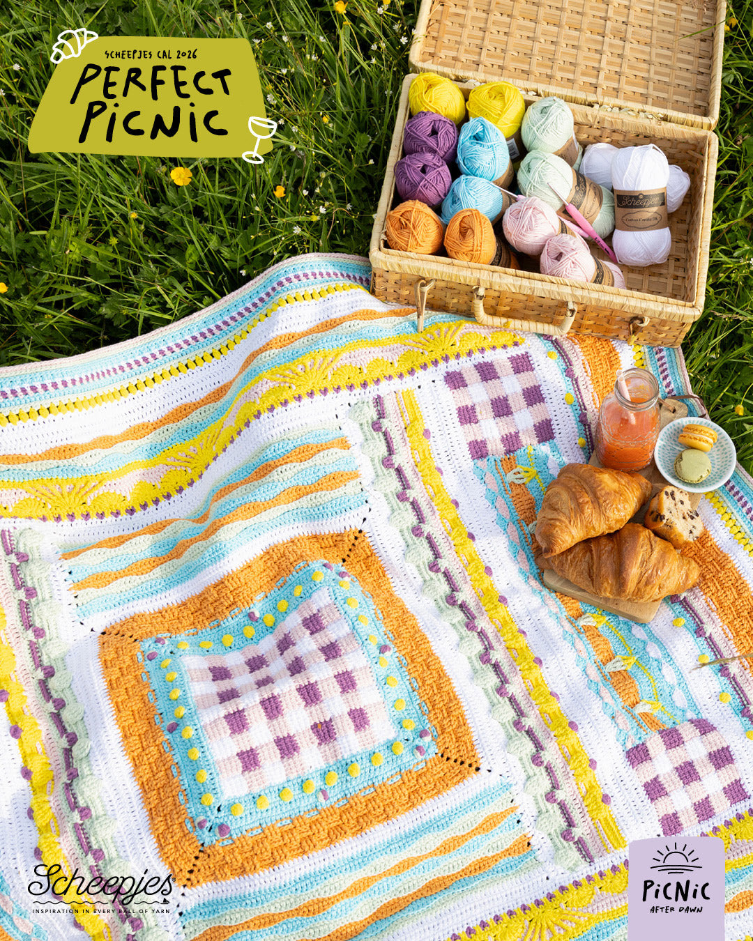 Scheepjes The Perfect Picnic CAL2026 kit Cotton Create DK - After Dawn - gehaakte Perfect Picnic deken in kleurenpalet Picnic After Dawn op een sfeervolle picknicklocatie