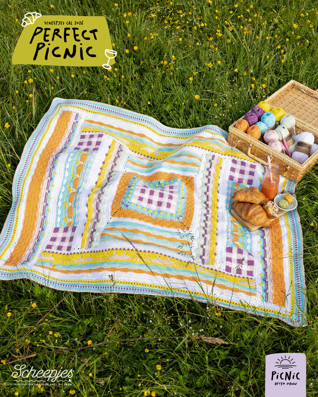 Scheepjes The Perfect Picnic CAL2026 kit Cotton Create DK - After Dawn - gehaakte Perfect Picnic deken in kleurenpalet Picnic After Dawn op een sfeervolle picknicklocatie