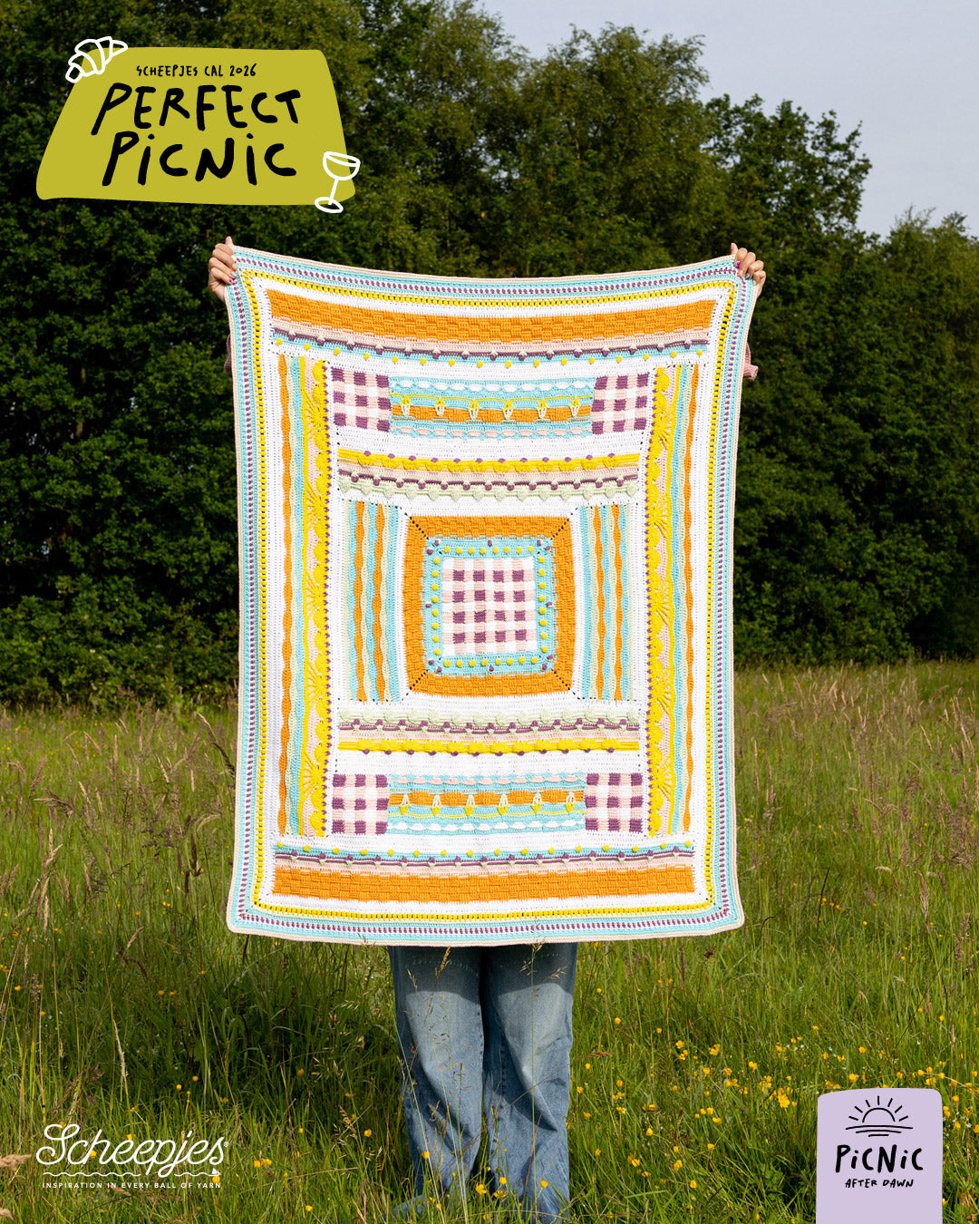 Scheepjes The Perfect Picnic CAL2026 kit Cotton Create DK - After Dawn - gehaakte Perfect Picnic deken in kleurenpalet Picnic After Dawn op een sfeervolle picknicklocatie