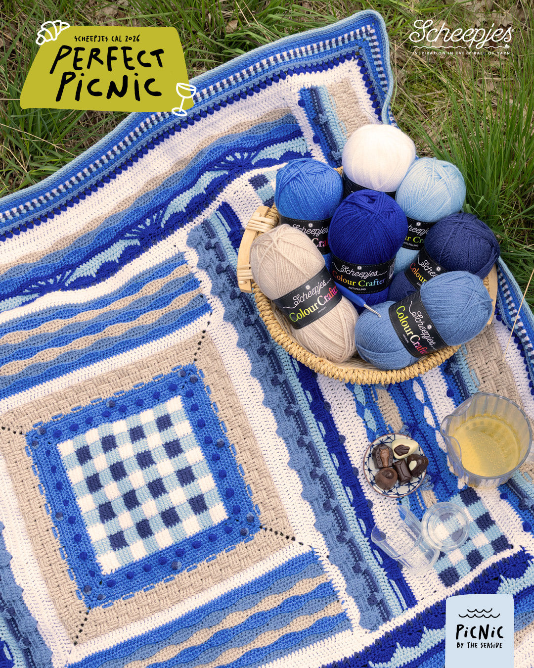Scheepjes The Perfect Picnic CAL2026 kit Colour Crafter - Seaside - gehaakte Perfect Picnic deken in kleurenpalet Picnic By The Seaside op een sfeervolle picknicklocatie