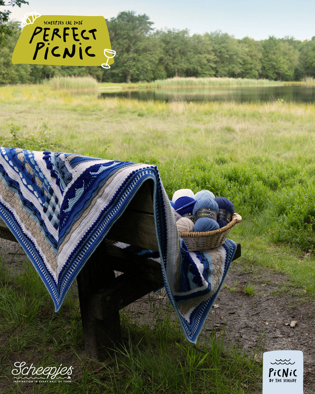 Scheepjes The Perfect Picnic CAL2026 kit Colour Crafter - Seaside - gehaakte Perfect Picnic deken in kleurenpalet Picnic By The Seaside op een sfeervolle picknicklocatie