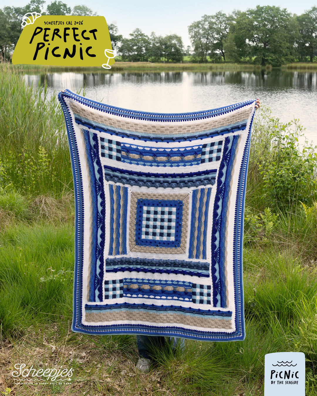 Scheepjes The Perfect Picnic CAL2026 kit Colour Crafter - Seaside - gehaakte Perfect Picnic deken in kleurenpalet Picnic By The Seaside op een sfeervolle picknicklocatie