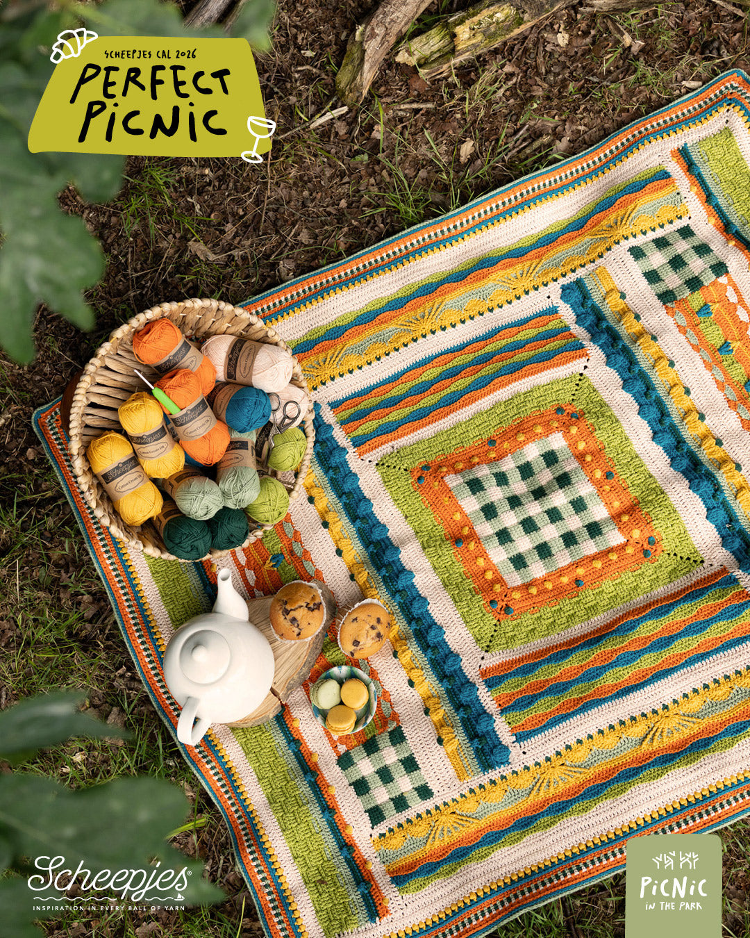 Scheepjes The Perfect Picnic CAL2026 kit Cotton Create DK - In the Park - gehaakte Perfect Picnic deken in kleurenpalet Picnic In The Park op een sfeervolle picknicklocatie