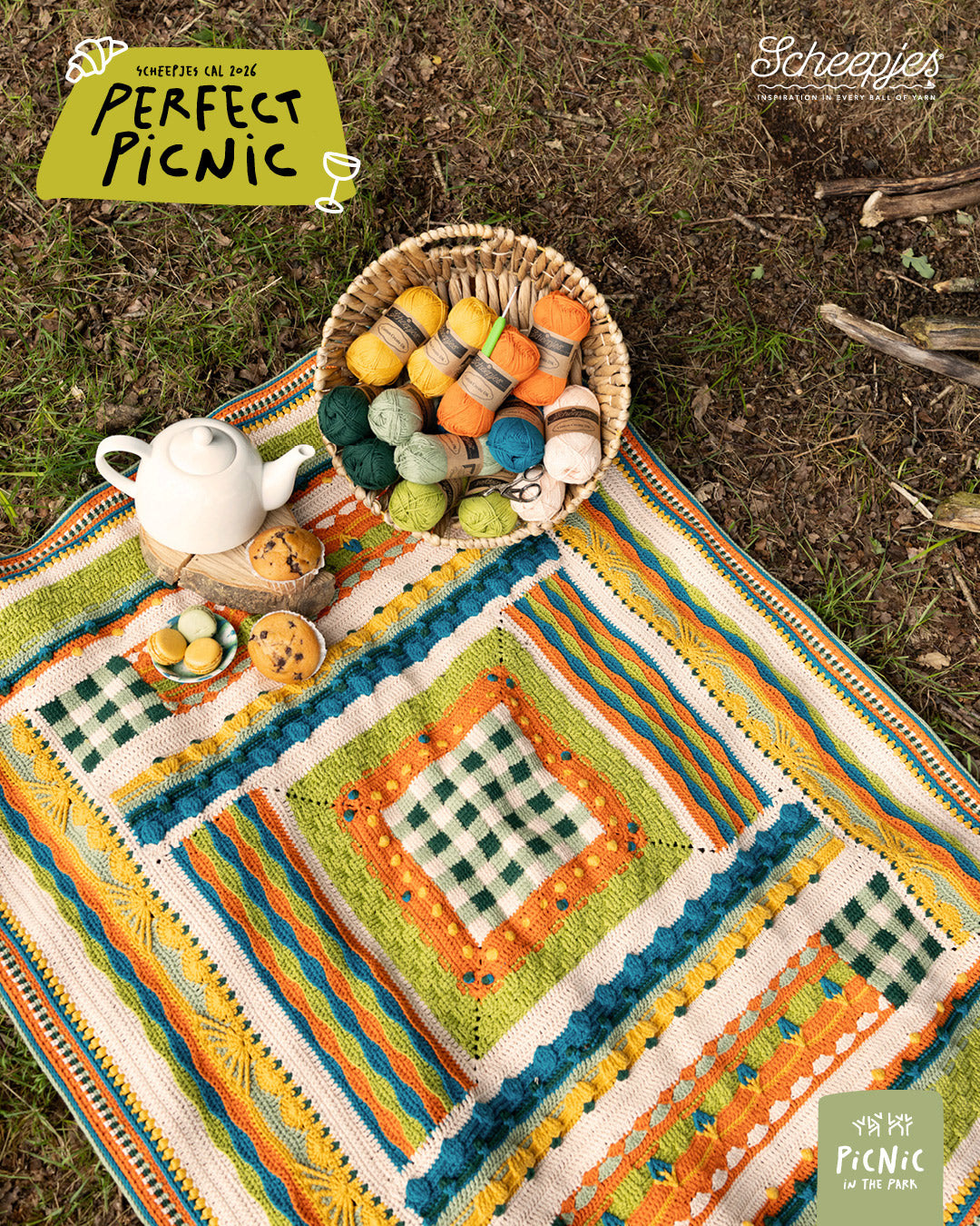 Scheepjes The Perfect Picnic CAL2026 kit Cotton Create DK - In the Park - gehaakte Perfect Picnic deken in kleurenpalet Picnic In The Park op een sfeervolle picknicklocatie