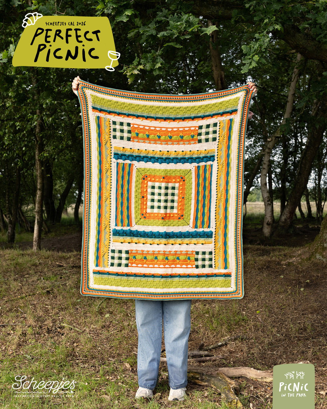 Scheepjes The Perfect Picnic CAL2026 kit Cotton Create DK - In the Park - gehaakte Perfect Picnic deken in kleurenpalet Picnic In The Park op een sfeervolle picknicklocatie