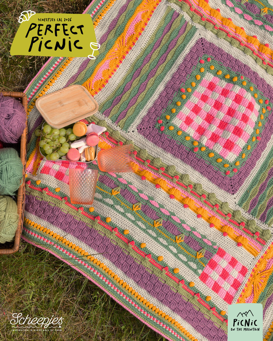 Scheepjes The Perfect Picnic CAL2026 kit Colour Crafter - Mountain - gehaakte Perfect Picnic deken in kleurenpalet Picnic On The Mountain op een sfeervolle picknicklocatie
