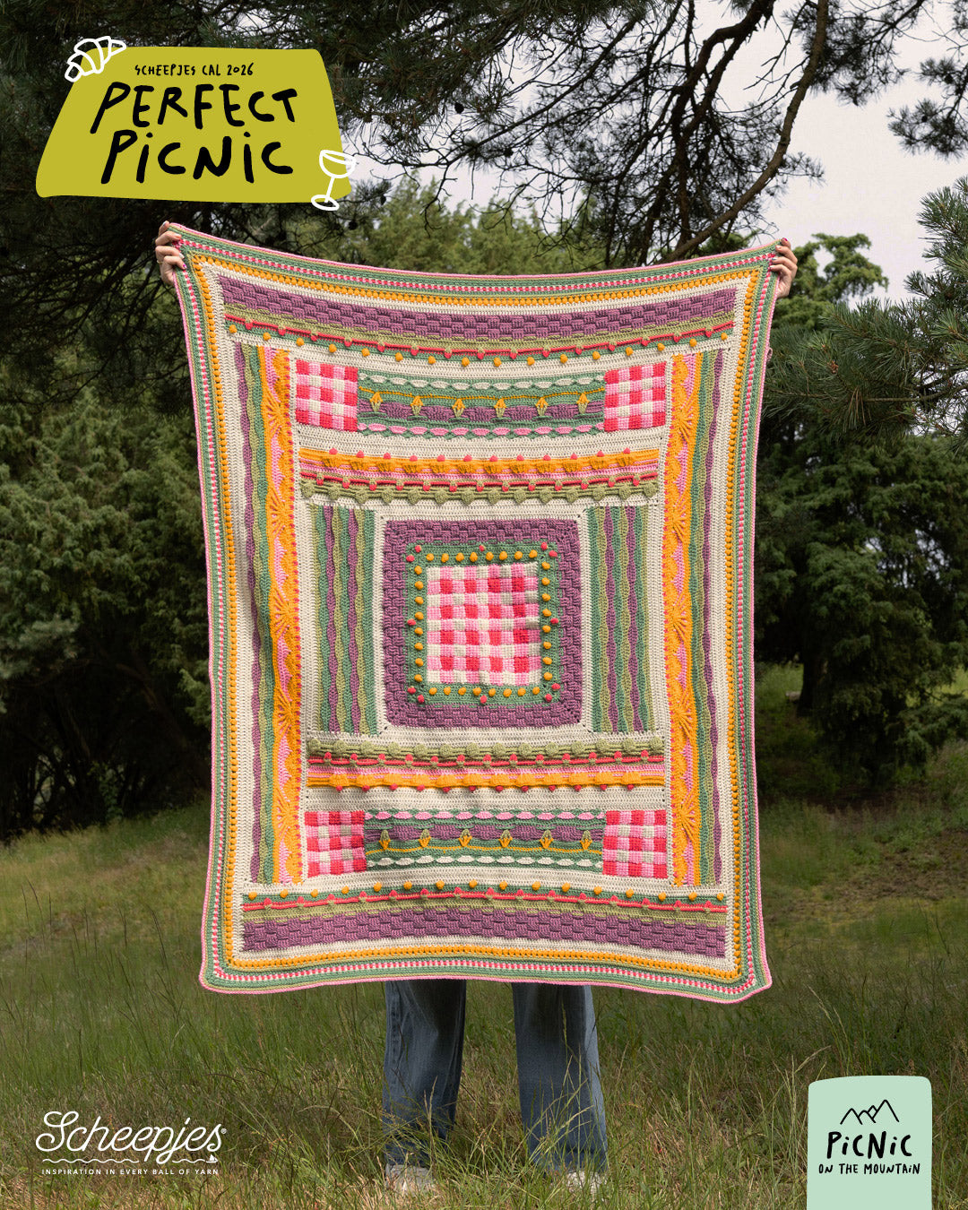 Scheepjes The Perfect Picnic CAL2026 kit Colour Crafter - Mountain - gehaakte Perfect Picnic deken in kleurenpalet Picnic On The Mountain op een sfeervolle picknicklocatie