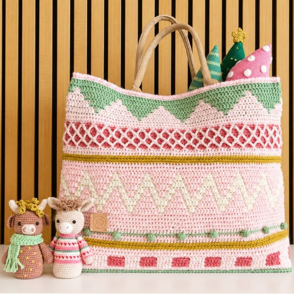 Wolplein x Mrs. Milly KerstCAL 2026 Droomtas met roze en groene kerstmotieven en jute hengsels