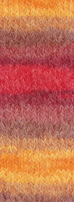 Lana Grossa Basta Mista 124 Grijsbruin/Camel/Saffraangeel/Oranje/Grijs-/Donkerrood/Rood - detailfoto van de zachte pluizige garenstructuur