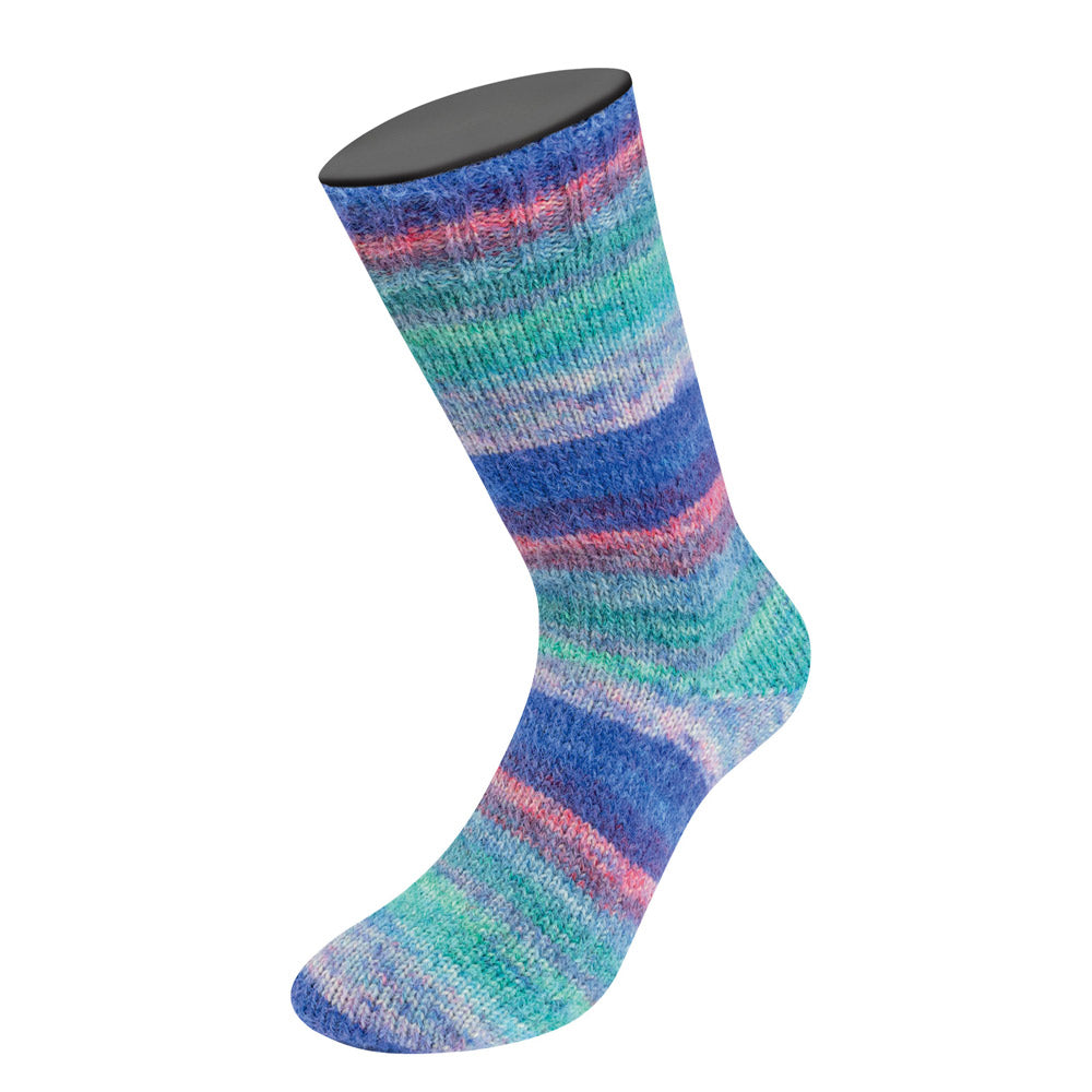Lana Grossa Cosy Socks Dream 252 Blauwviolet / Roze / Licht- / Hemelsblauw / Jade / Turquoise / Lichtrood / Roodviolet - detailfoto van het kleurverloop en draadstructuur