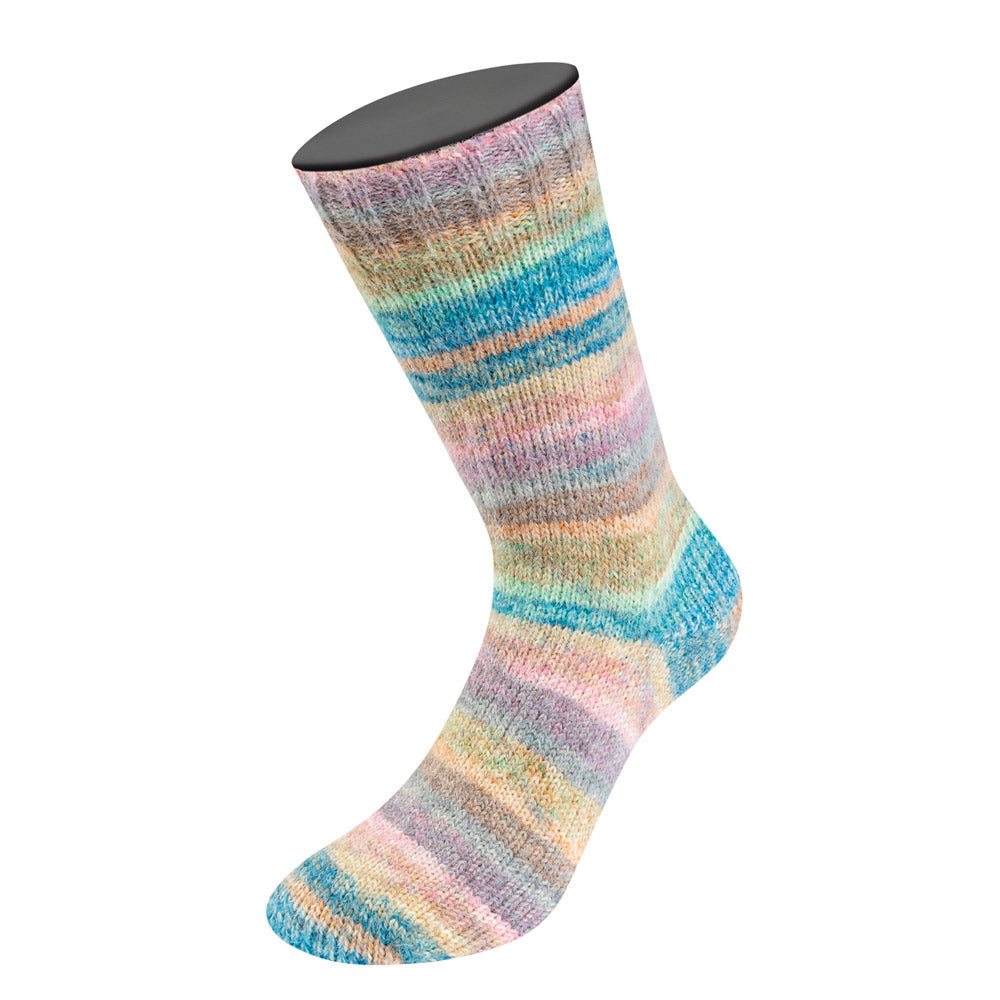 Lana Grossa Cosy Socks Dream 258 Mint / Petrol / Turquoise / Leembruin / Rozenhout / Lichtgrijs / Roze / Taupe / Beige - detailfoto van het kleurverloop en draadstructuur