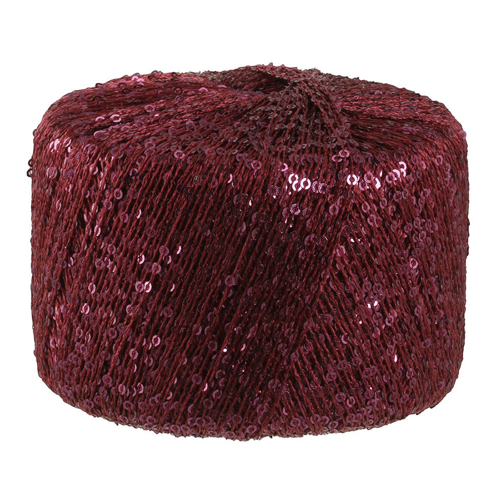 Lana Grossa Glamour 009 Bordeauxrood bol pailletgaren gefotografeerd tegen een neutrale achtergrond