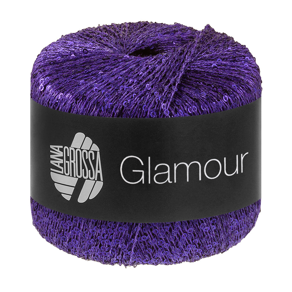 Lana Grossa Glamour 022 Blauwviolet bol pailletgaren gefotografeerd tegen een neutrale achtergrond