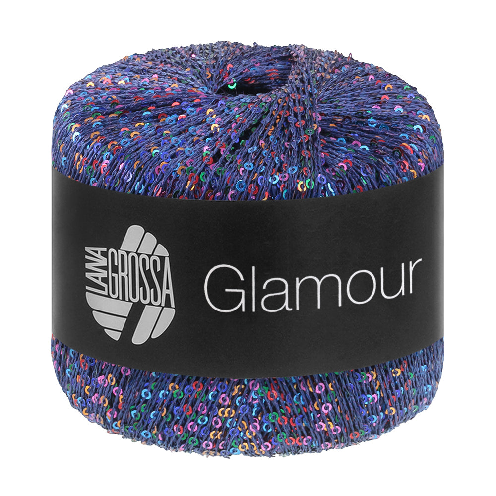 Lana Grossa Glamour 109 Donkerblauw bol pailletgaren gefotografeerd tegen een neutrale achtergrond