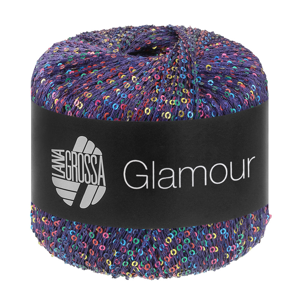 Lana Grossa Glamour 110 Violet bol pailletgaren gefotografeerd tegen een neutrale achtergrond