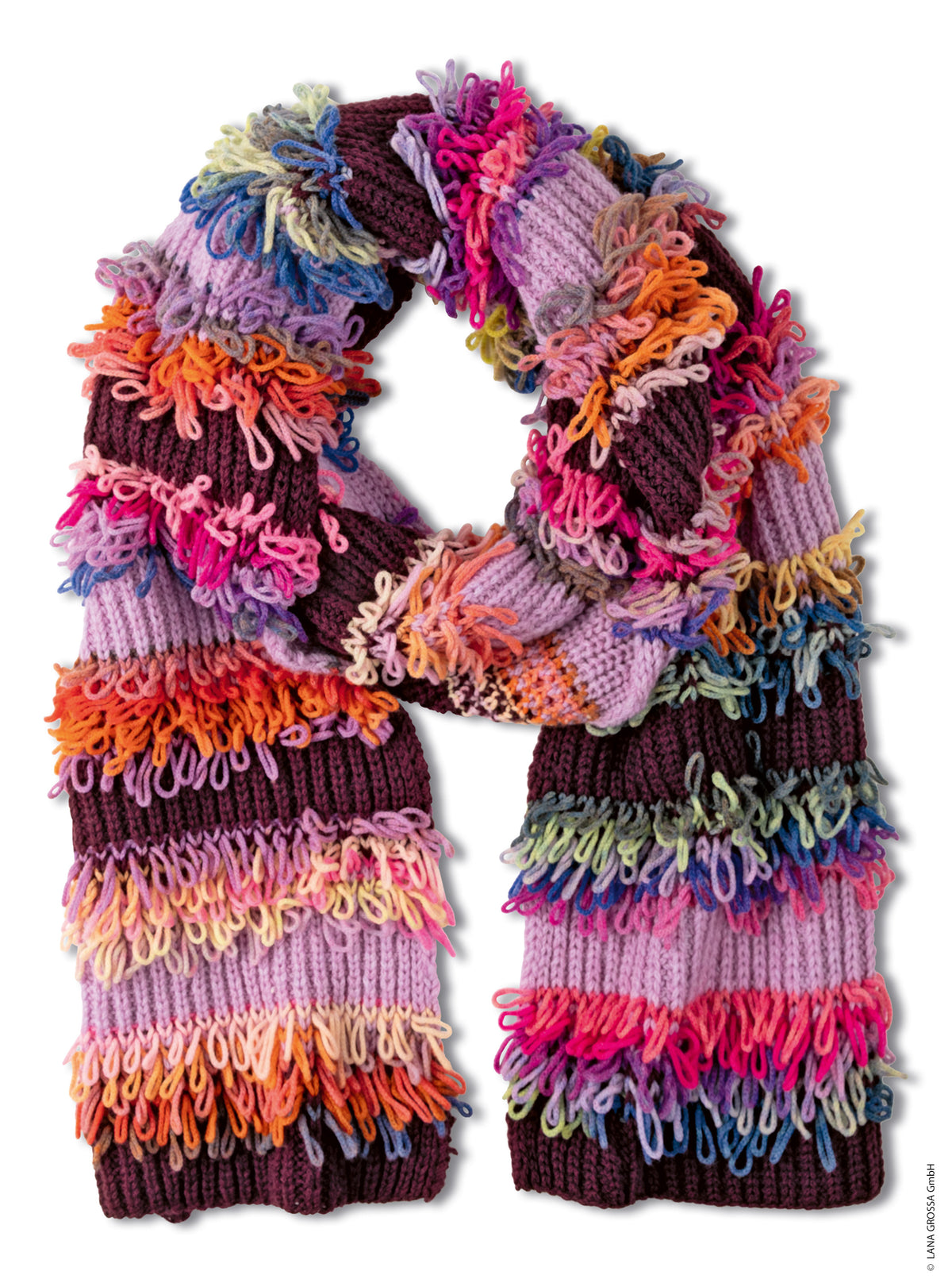Lana Grossa Doeken & Co Nr. 10 model 5 - lange bontgekleurde sjaal met speelse franjes, vrijstaand - Farfalla en Cool Merino