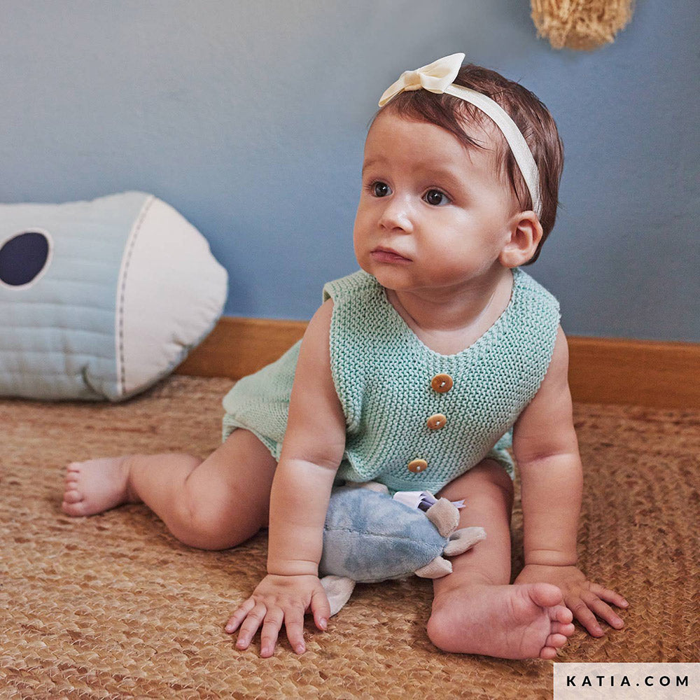 Patroon breien haken baby romper lente zomer katia — gemaakt met Katia Capri 82180 Licht Geel (2)