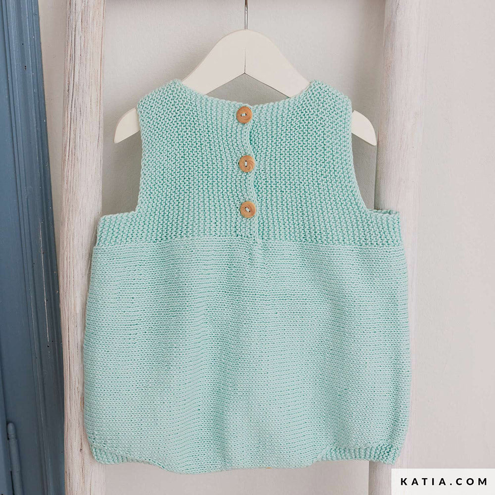 Patroon breien haken baby romper lente zomer katia — gemaakt met Katia Capri 82184 Kauwgom Roze