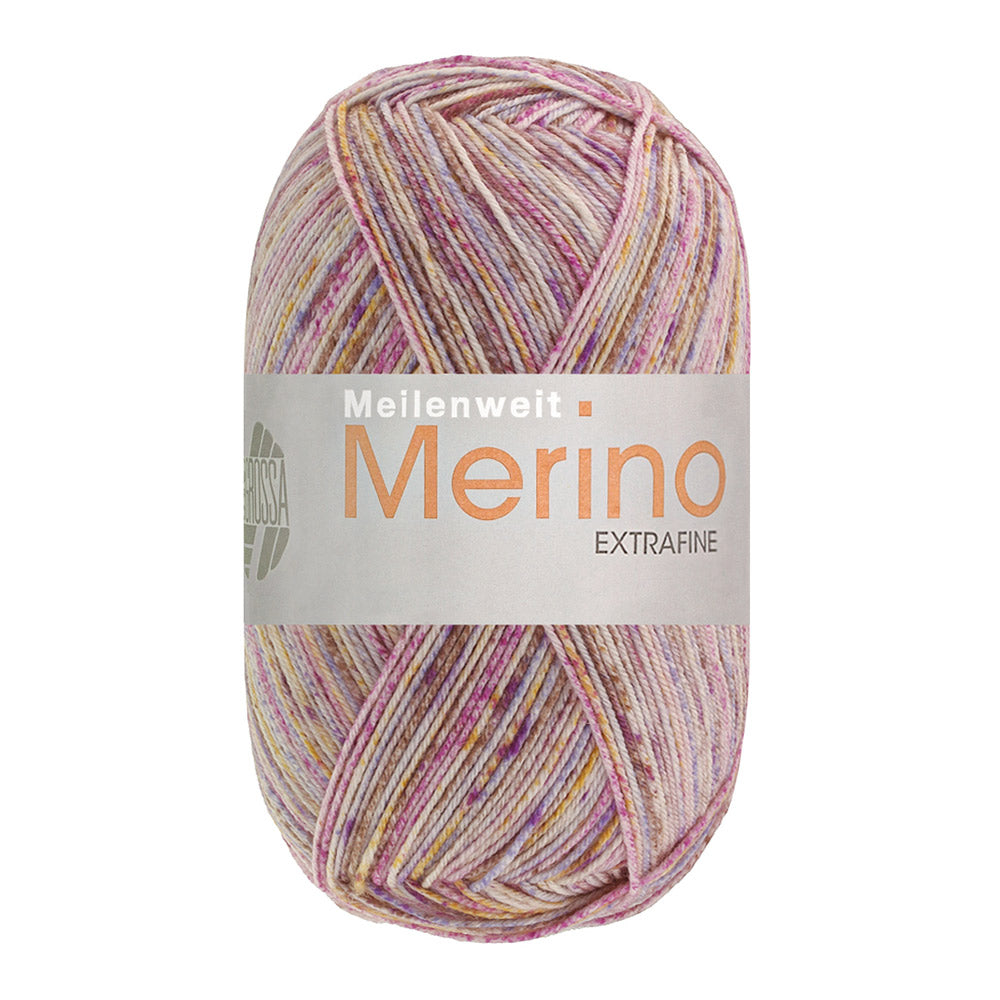 Lana Grossa Meilenweit 100 Merino Extrafine Mountain 7605 Grijsbruin/Ecru/Grijs-/Roodviolet/Maisgeel gestreept