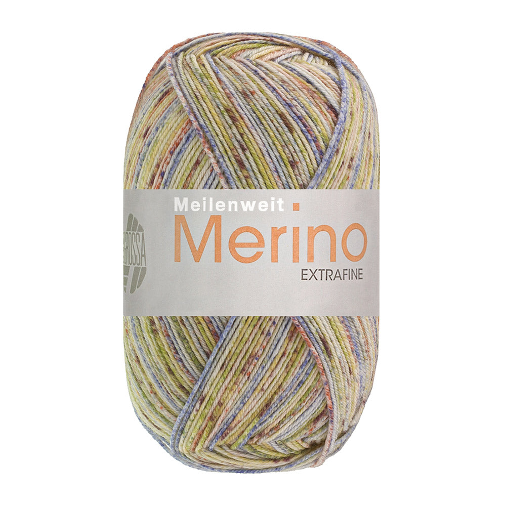Lana Grossa Meilenweit 100 Merino Extrafine Mountain 7606 Licht-/Donkerolijf/Ecru/Oudroze/Jeans gestreept