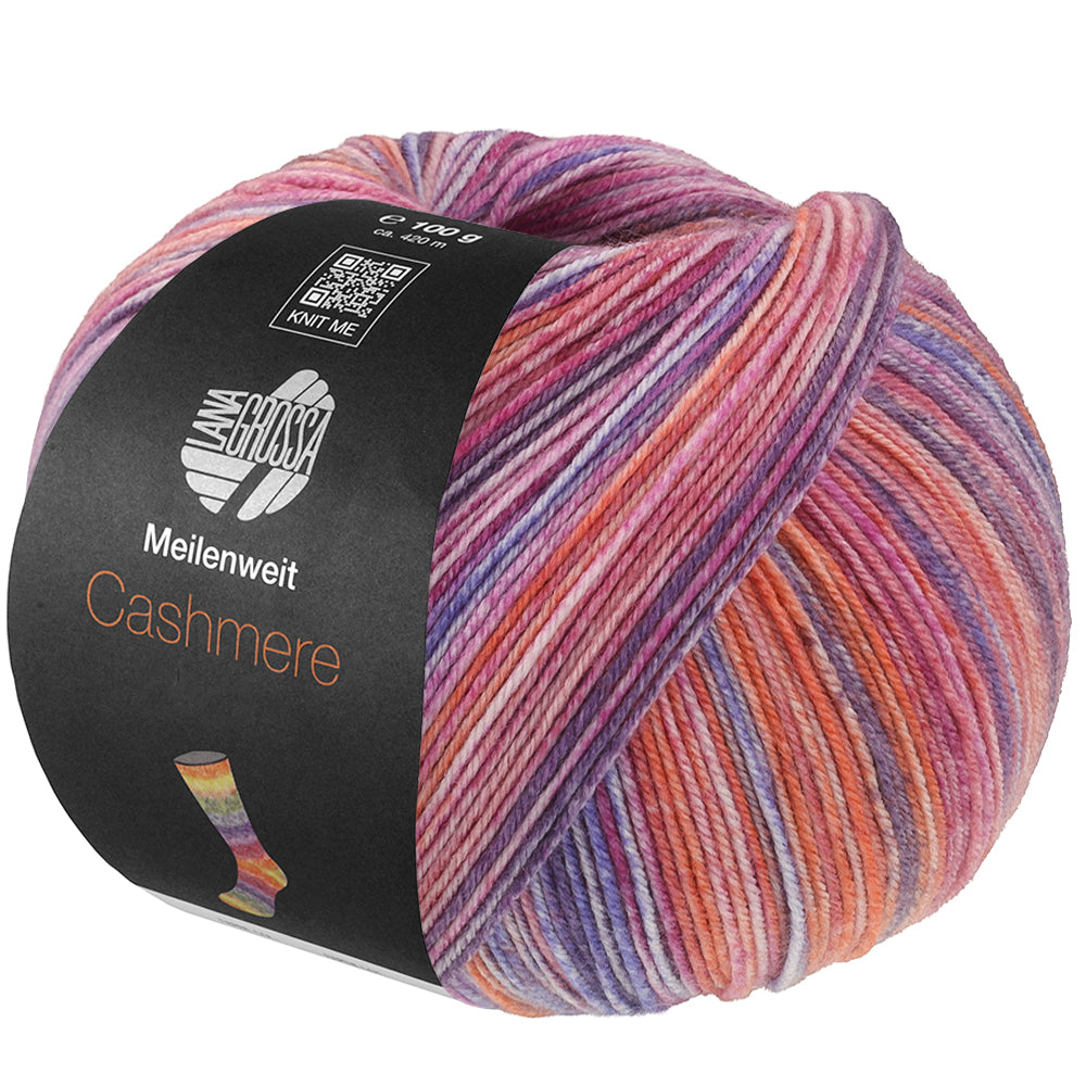 Lana Grossa Meilenweit 100 Cashmere Inverno 122 bol sokkengaren in fuchsia, lila, oranje, lichtblauw, blauw, pruim, erika en zalm