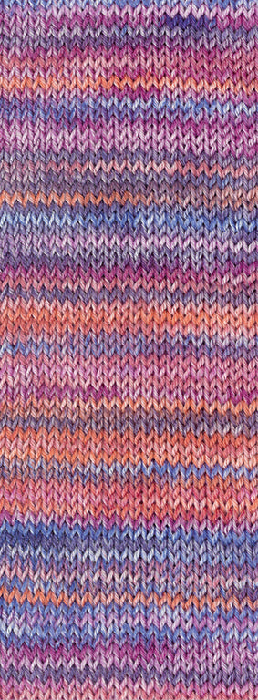 Gebreid proeflapje van Lana Grossa Meilenweit 100 Cashmere Inverno 122 in fuchsia, lila, oranje, lichtblauw, blauw, pruim, erika en zalm