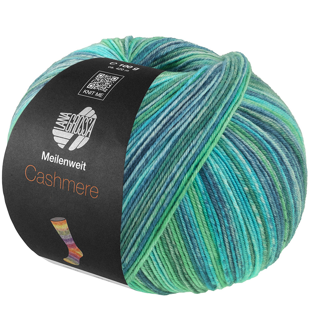 Lana Grossa Meilenweit 100 Cashmere Inverno 123 bol sokkengaren in jade, turquoise, petrolblauw, petrolgroen, jeans, grijsblauw en grijsgroen