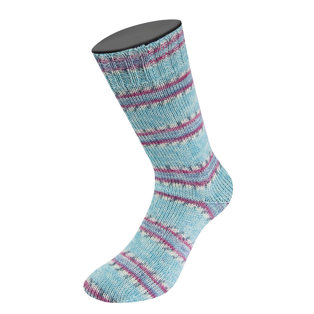 Lana Grossa Meilenweit 100 Cashmere Pista 142 Mint/Turquoise/Wit/Grijs/Lichtblauw/Fuchsia gestreept - gebreide sok met automatisch streeppatroon