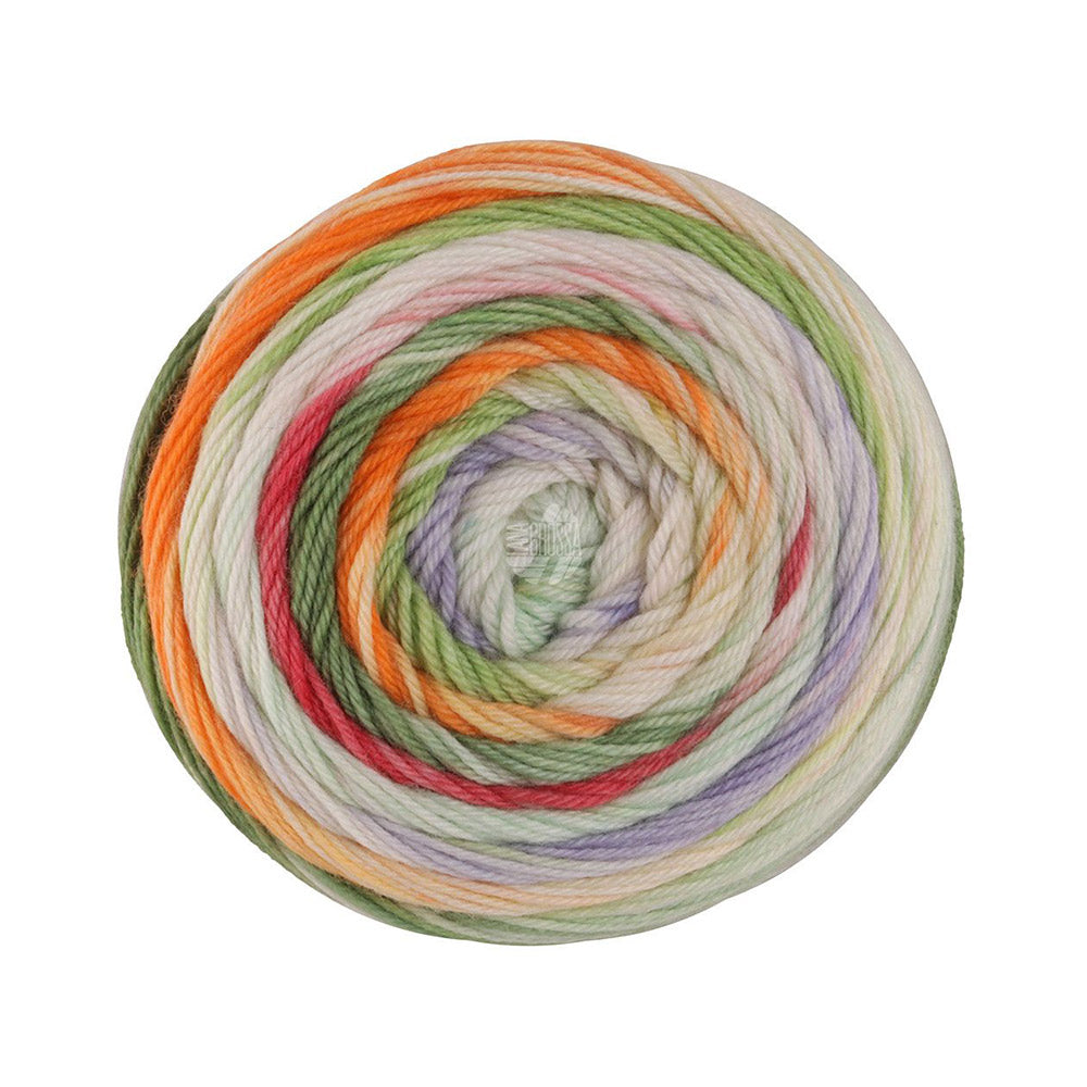 Lana Grossa Meilenweit 100 Dusk 6210 Oranje/geel/geelgroen/paars/mint turquoise/roze/Crème