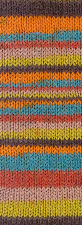 Lana Grossa Meilenweit 6-Fach 150 Granita 9698 Mokka/Oranje/Turquoise/Roest/Beige/Mosterd - kleurverloop van het garen